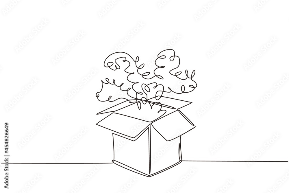 Poster single continuous line drawing open gift box and confetti. enter to win prizes. present package with