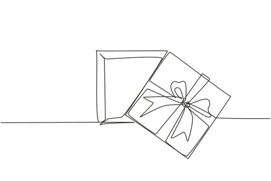 recommend clip art: Single continuous line drawing top view open gift box and confetti. Enter to win prize. Present package with bursting element, surprise inside. Dynamic one line draw graphic design vector illustration