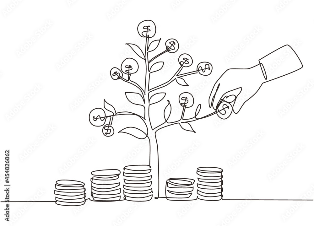 Aufkleber single continuous line drawing businessman hand pick up coin from growing money tree. background con