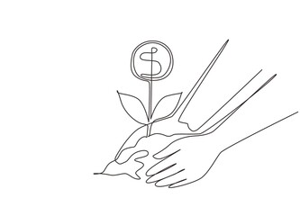 Single one line drawing planting young money tree by kid hand on back soil as care. Concept for return coin money saving and investment. Modern continuous line draw design graphic vector illustration