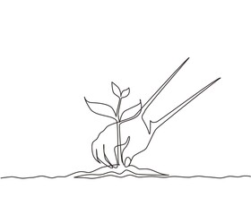 Single continuous line drawing young woman planting a tree in the garden. Ecology concept. The spring planting. Early seedlings grown from seeds. Agriculture. Earth day. Dynamic one line draw graphic