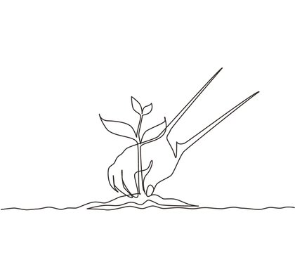 single line hand planting sprout on white clip art preview