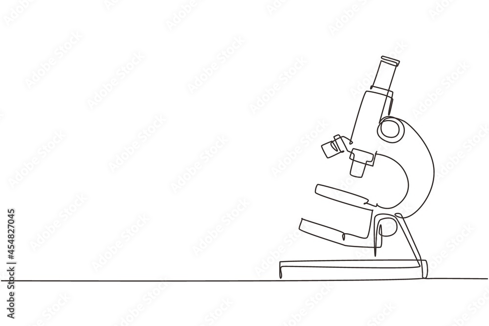 Poster single continuous line drawing simple microscope. lab microscope to magnify bacteria size under the 