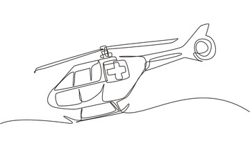 Single continuous line drawing ambulance helicopter. Medical evacuation helicopter. Healthcare, hospital and medical diagnostics. Urgency and emergency services. One line draw graphic design vector © Simple Line
