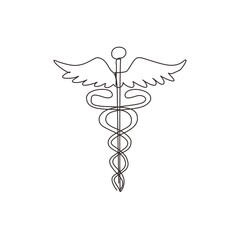 Single continuous line drawing caduceus, medical center, pharmacy, hospital with popular symbol of medicine. Medical health care icon logo. Dynamic one line draw graphic design vector illustration