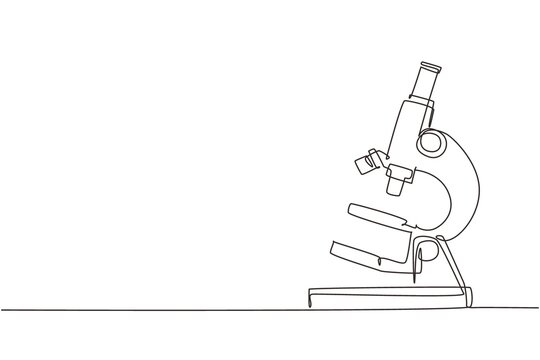 Single continuous line drawing simple microscope. Lab microscope to magnify bacteria size under the lens. Back to school minimalist, education concept. One line draw graphic design vector illustration
