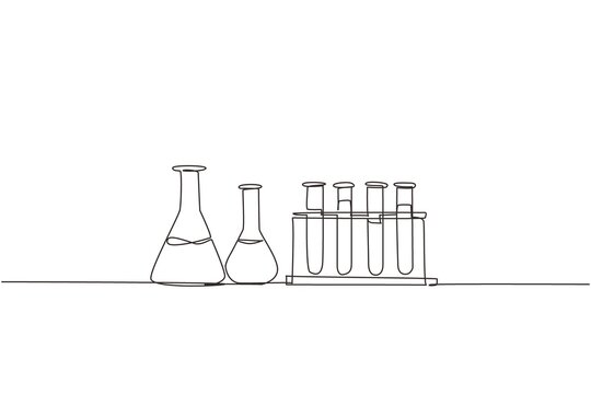 Single one line drawing chemical research laboratory equipment. Chemistry laboratory glassware. Graduated lab test tube, beaker, flask. Modern continuous line draw design graphic vector illustration