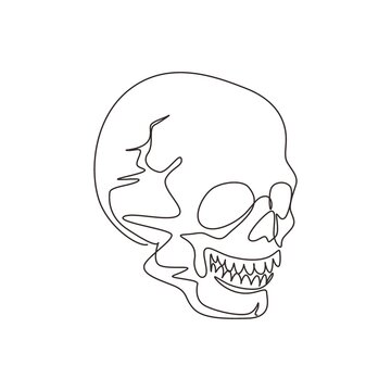 Single one line drawing graphical skulls isolated on white background. Anatomy face halloween horror vector elements. Engraved human skull with closed jaw. Continuous line draw design graphic vector