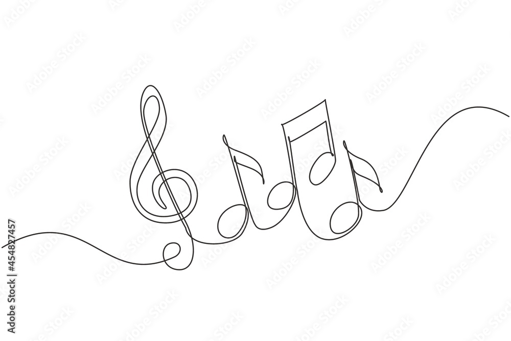 Poster continuous one line drawing music notes on stave. musical symbol in one linear minimalist style. tre