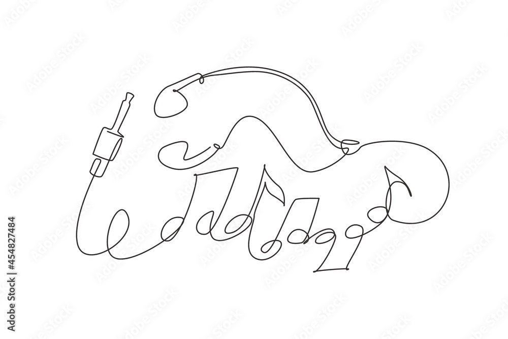 Poster single one line drawing earphones earbud type white color and music note symbol made from cable isol