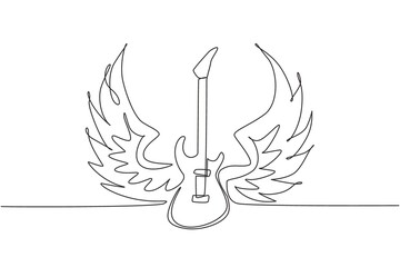 Single one line drawing vintage vector label with rock and roll forever and guitar (T-Shirt Print). Music design. Hand drawn trace image. Hipster rock festival poster. Continuous line draw design