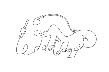 Single one line drawing earphones earbud type white color and music note symbol made from cable isolated on gradient background with copy space. Continuous line draw design graphic vector illustration