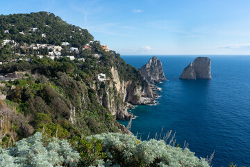 View of Faraglioni Rocks from Gardens of Augustus, Capri Island, Italy