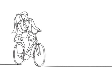 Single one line drawing loving married couple cycling. Romantic human relations, love story, newlywed family in honeymoon traveling adventure, passion, emotions. Continuous line draw design graphic