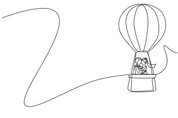 Single continuous line drawing illustration of love kissing married couple in hot-air balloon in sky and clouds, amorous relationship. Romantic road trip, journey. One line draw graphic design vector