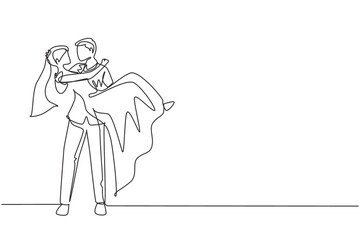 Continuous one line drawing romantic married female in love kissing on lap male wearing wedding dress. Man carrying a woman in wedding celebration. Single line draw design vector graphic illustration