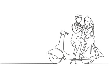 Single one line drawing married riders couple trip travel relax. Romantic honeymoon moments sitting and talking on motorcycle. Man with woman riding scooter. Continuous line draw design graphic vector