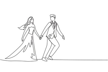 Single one line drawing happy man pulled woman hand with wedding party. Romantic couple walking on romantic honeymoon promenade holiday. Summer vacation. Continuous line draw design graphic vector