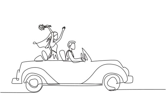 Single one line drawing newly married couple groom in vehicle. Happy man and woman riding wedding car. Married couple romantic relationship. Continuous line draw design graphic vector illustration