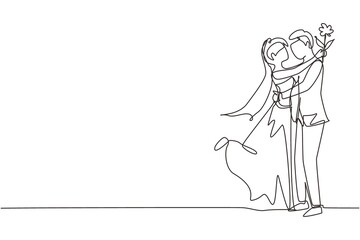 Single continuous line drawing romantic boy giving rose flower to girl wearing wedding dress. Happy couple getting ready for wedding. Engagement and love relation. One line draw graphic design vector