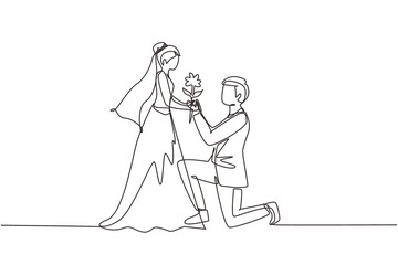 Continuous one line drawing man on knee gives flowers to woman. Young guy giving to girl rose flower in wedding day. Happy romantic couple in love. Single line draw design vector graphic illustration