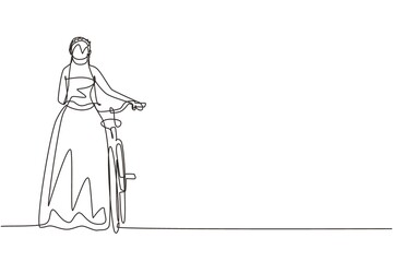 Single continuous line drawing back view walking young lady wearing wedding dress with bicycles. Happy girl take walk with bicycle at rural road. Healthy lifestyle. One line draw graphic design vector