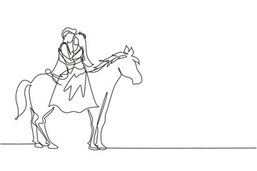 Fototapeta na wymiar Single one line drawing married couple riding horses face to face with wedding dress. Man making proposal marriage to woman. Engagement and love relation. Continuous line draw design graphic vector