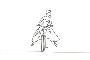 Fototapeta na wymiar Single continuous line drawing happy young woman wearing wedding dress going to wedding celebration riding bicycle. Ecological, healthy vehicle of transportation. One line draw graphic design vector