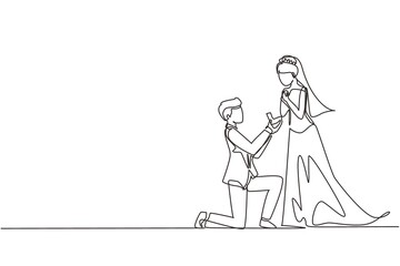 Continuous one line drawing man kneeling holding engagement ring proposing woman marry him marriage with wedding dress. Guy on knees proposing girl to marry. Single line draw design vector graphic