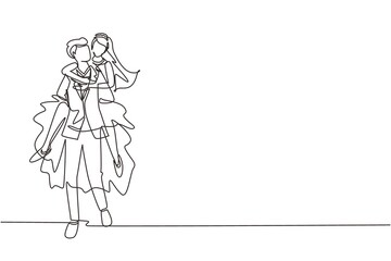 Single continuous line happy man with suit carrying and embracing woman with wedding dress. Romantic couple in love. Couple relationship celebrate wedding party. One line draw graphic design vector
