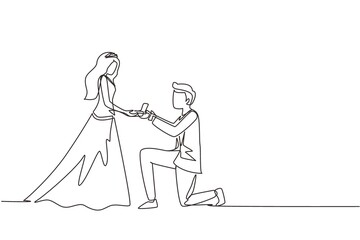 Continuous one line drawing man kneeling offering engagement ring to his girlfriend. Young guy on knees proposing girl to marry. Marriage proposal with wedding dress. Single line draw design vector