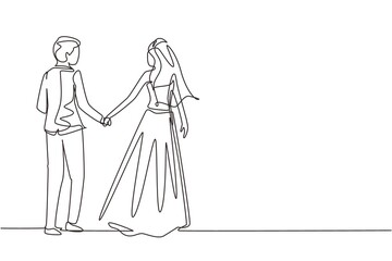 Single one line drawing romantic married couple in love hand in hand. Man wearing suit and woman with wedding dress in love spending time together at park. Continuous line draw design graphic vector