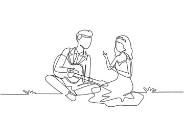 Fototapeta na wymiar Single one line drawing happy married couple of lovers has sitting on nature. Romantic man playing music on guitar, girl listen and singing at wedding party. Continuous line draw design graphic vector