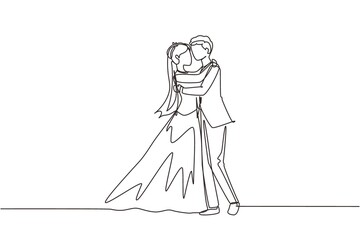 Single continuous line cute married couple in romantic pose. Happy man hugging his partner woman with wedding dress. Intimacy celebrates wedding party. One line draw graphic design vector illustration