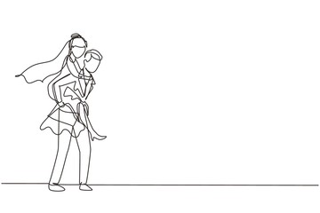 Single one line drawing cute married couple with man wearing suit carrying woman with wedding dress on his back. Happy romantic couple in love. Continuous line draw design graphic vector illustration