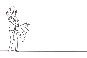 Single continuous line happy man carrying and embracing woman with wedding dress. Cute romantic married couple relationship celebrate wedding party. One line draw graphic design vector illustration