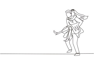 Continuous one line drawing husband carry his wife on his back. Romantic couple with wedding dress. Relationship concept in supporting and helping in any situation. Single line draw design vector