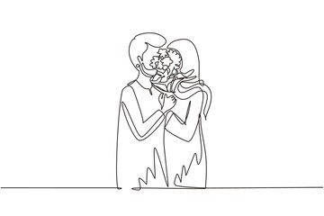 Continuous one line drawing young Arabic couple hugging and kissing behind bouquet of flowers. Happy man and woman celebrating wedding anniversary. Single line draw design vector graphic illustration