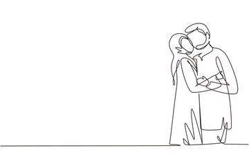 Continuous one line drawing Arab boy and girl in love and kissing. Young couple lovers kissing. Happy man and woman celebrating wedding anniversary. Single line draw design vector graphic illustration