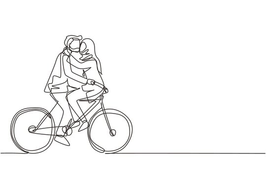 Single one line drawing active Arabian couple riding on bike together. Happy enamored man and woman cyclist hugging feeling love. Smiling people enjoying outdoors activity. Continuous line draw design