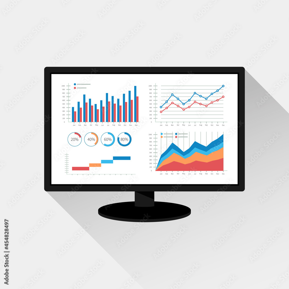 Poster website analytics and seo data analysis concept. modern graphic icon on monitor screen