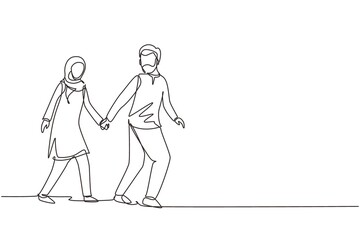 Continuous one line drawing happy Arabian man pulled woman hand. Romantic couple walking on romantic honeymoon promenade holiday. Couple summer vacation. Single line design vector graphic illustration