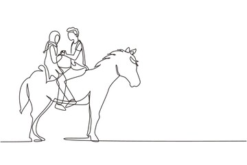 Single continuous line drawing Arab couple riding horses face to face at sunset. Happy man making proposal marriage to woman. Engagement and love relation. Dynamic one line draw graphic design vector