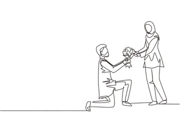Fototapeta na wymiar Single continuous line drawing Arab man on knee making marriage proposal to woman with bouquet. Boy in love giving flowers. Happy couple getting ready for wedding. One line draw graphic design vector