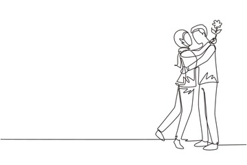 Single one line drawing Arabian boy giving rose flower to girl. Man in love giving flowers. Couple getting ready for wedding. Engagement and love relation. Continuous line draw design graphic vector