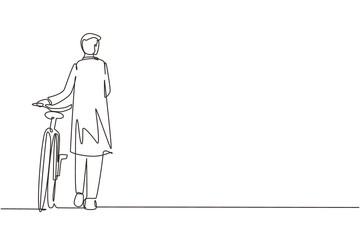 Single one line drawing walking young Arabian male with bicycles. Happy man take a walk with bicycle at city road. Healthy lifestyle of urban people. Modern continuous line draw design graphic vector