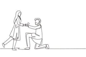 Single one line drawing Arab man kneeling offering engagement ring to his girlfriend. Young guy on knees proposing girl to marry. Marriage proposal concept. Continuous line draw design graphic vector