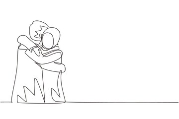 Single one line drawing Arabian girl is hugging boy with smile. Happy man hugging and embracing woman. Couple dating characters. Happy family concept. Modern continuous line draw design graphic vector