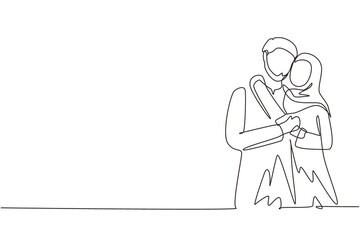 Single one line drawing Arabian man and woman hug. Happy family concept. Couple in relationship in love. Happy man hugging his partner woman. Continuous line draw design graphic vector illustration