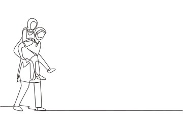 Continuous one line drawing Arabian teenage couple with man carrying woman on his back during music festival. Happy young romantic couple in love. Single line draw design vector graphic illustration